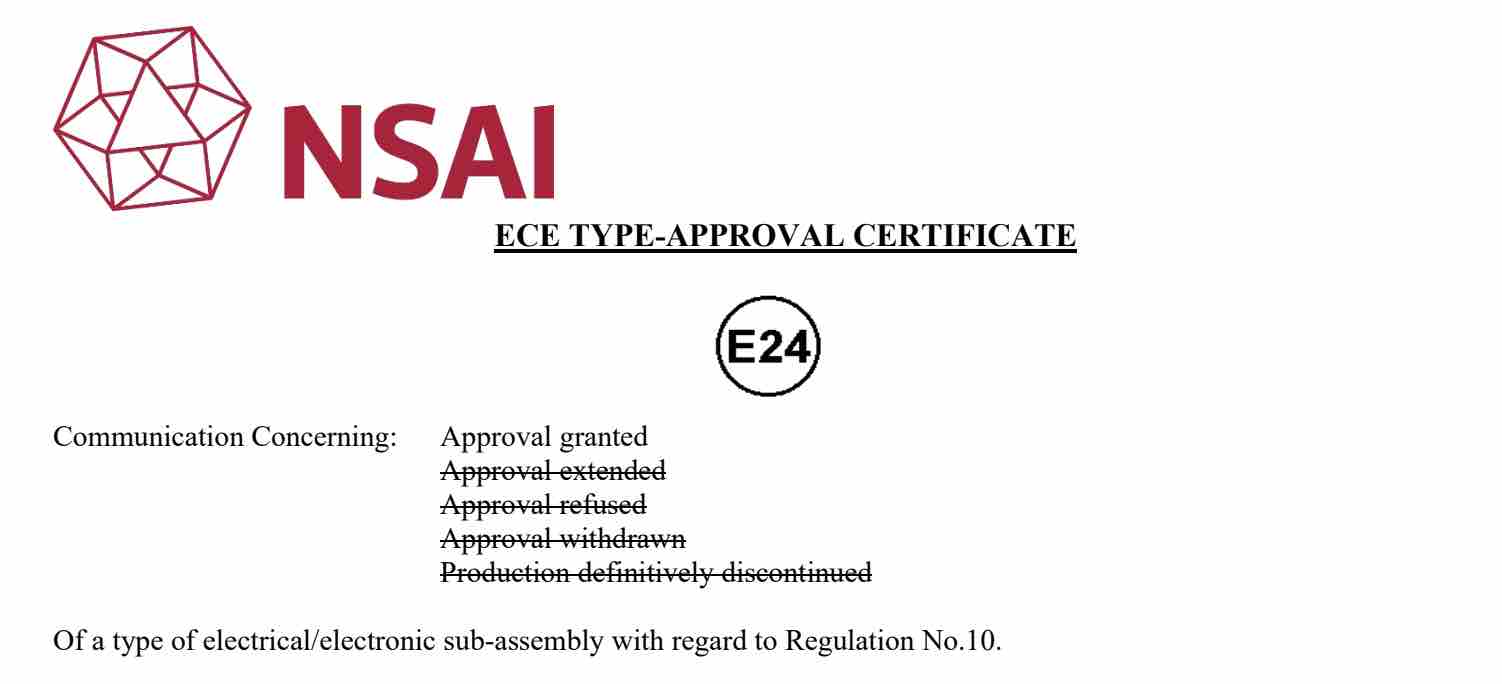 Example of a ECE R10 Type Approval Certificate Issued by NSAI (Ireland)
